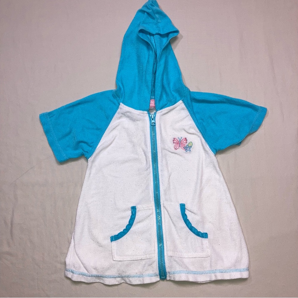 Swim Pool Beach Coverup Girl’s 3-4T Hooded Terrycloth Blue White Bath Full Zip